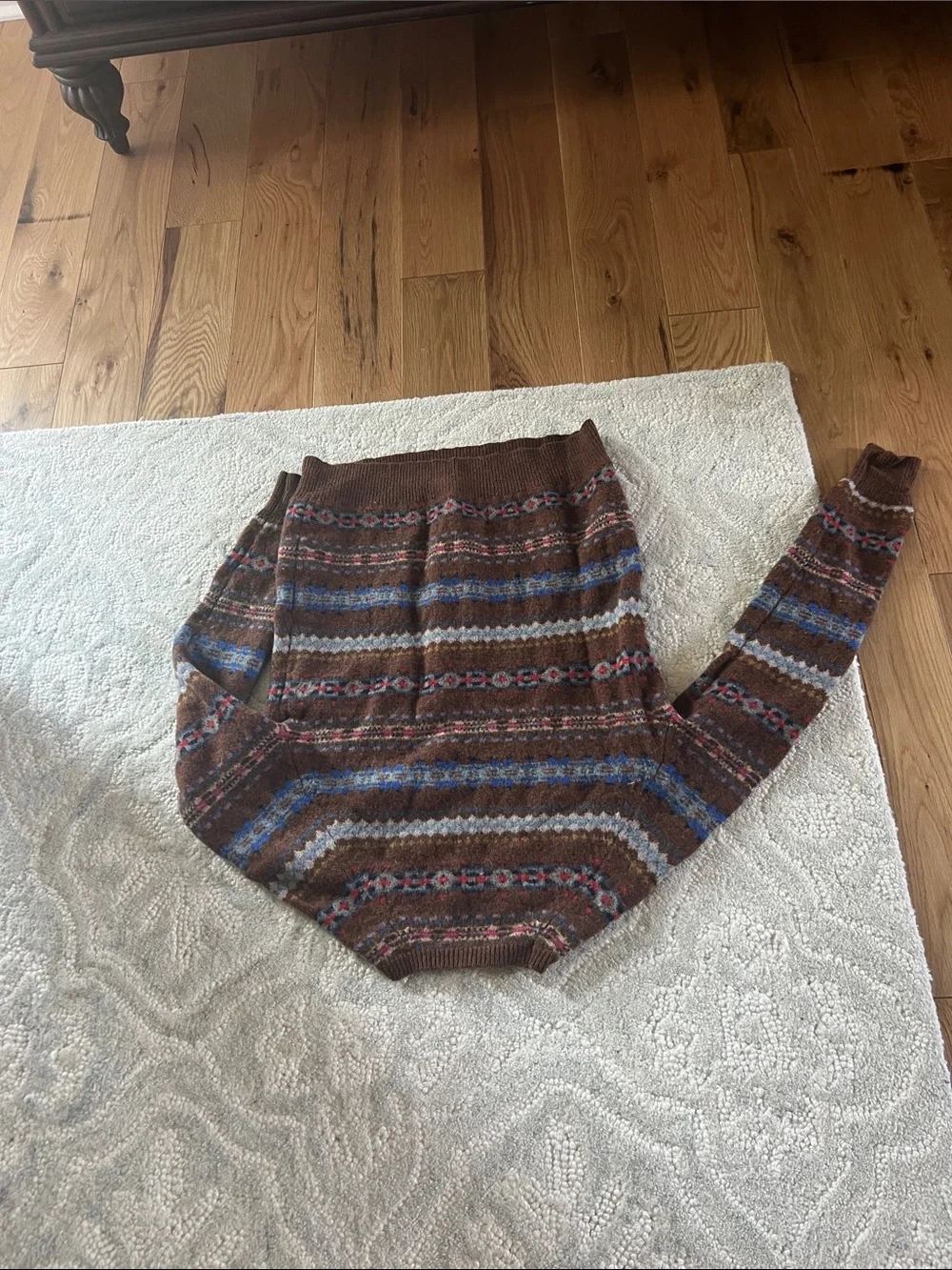 J. Crew Brown Fair Isle Crewneck Sweater with Blue and Cream Accents M